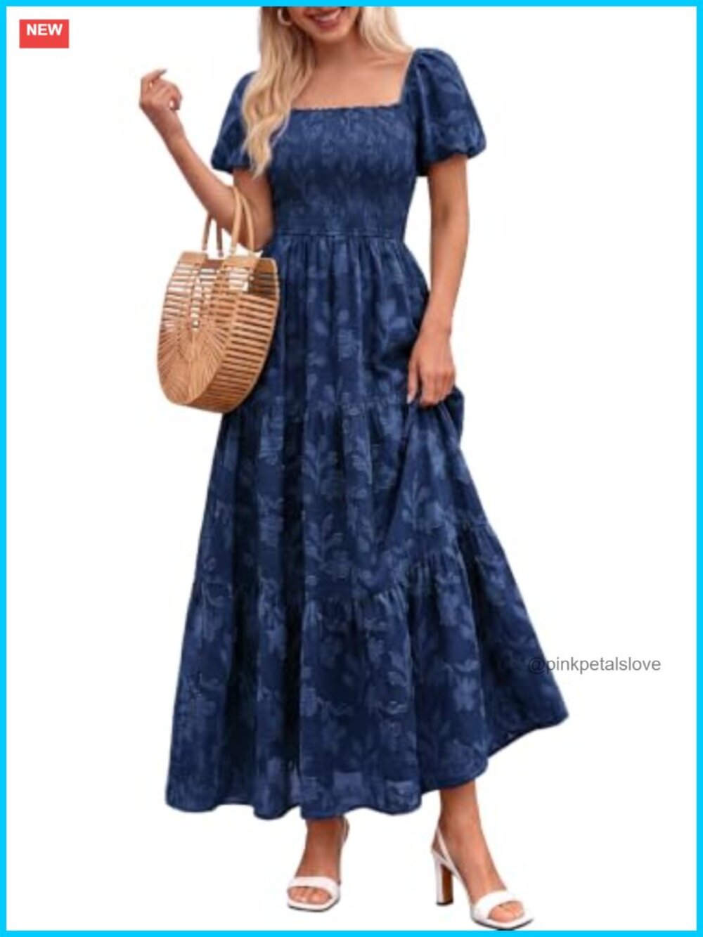 Boho Maxi Dress Square Neck Smocked Flowy Tiered Ruffle Pockets Vacation